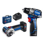 ЗУБР КОМПАКТ #5, набор: дрель-шуруповерт + мини УШМ, BRUSHLESS, 12 В, 45 Н·м, 2 АКБ тип Т7 (4 и 2 А·ч), кейс, Профессионал (DB-121-42AB)