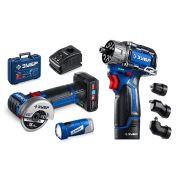 ЗУБР КОМБИ #5 набор: дрель-шуруповерт + мини УШМ + LED фонарь, BRUSHLESS, 12 В, 45 Н·м, 2 АКБ тип Т7 (4 и 2 А·ч), кейс, Профессионал (DB-125-42ABF)